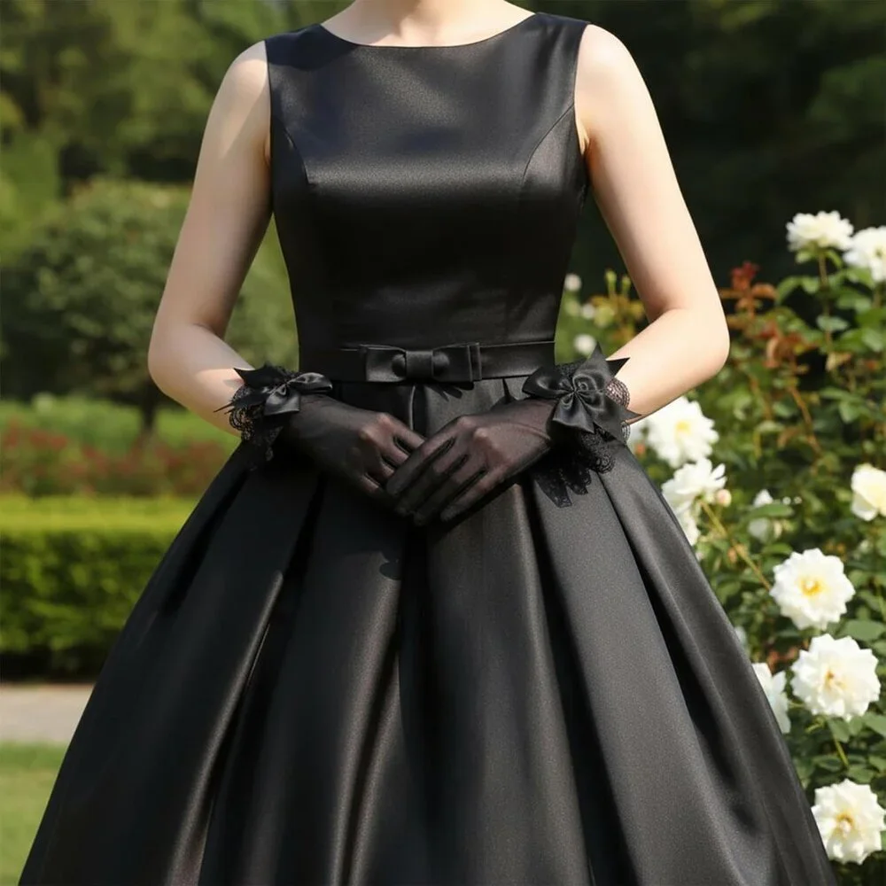 Women's Halloween Evening Black Elegant Ruffled Floral Short Bow Lace Gloves